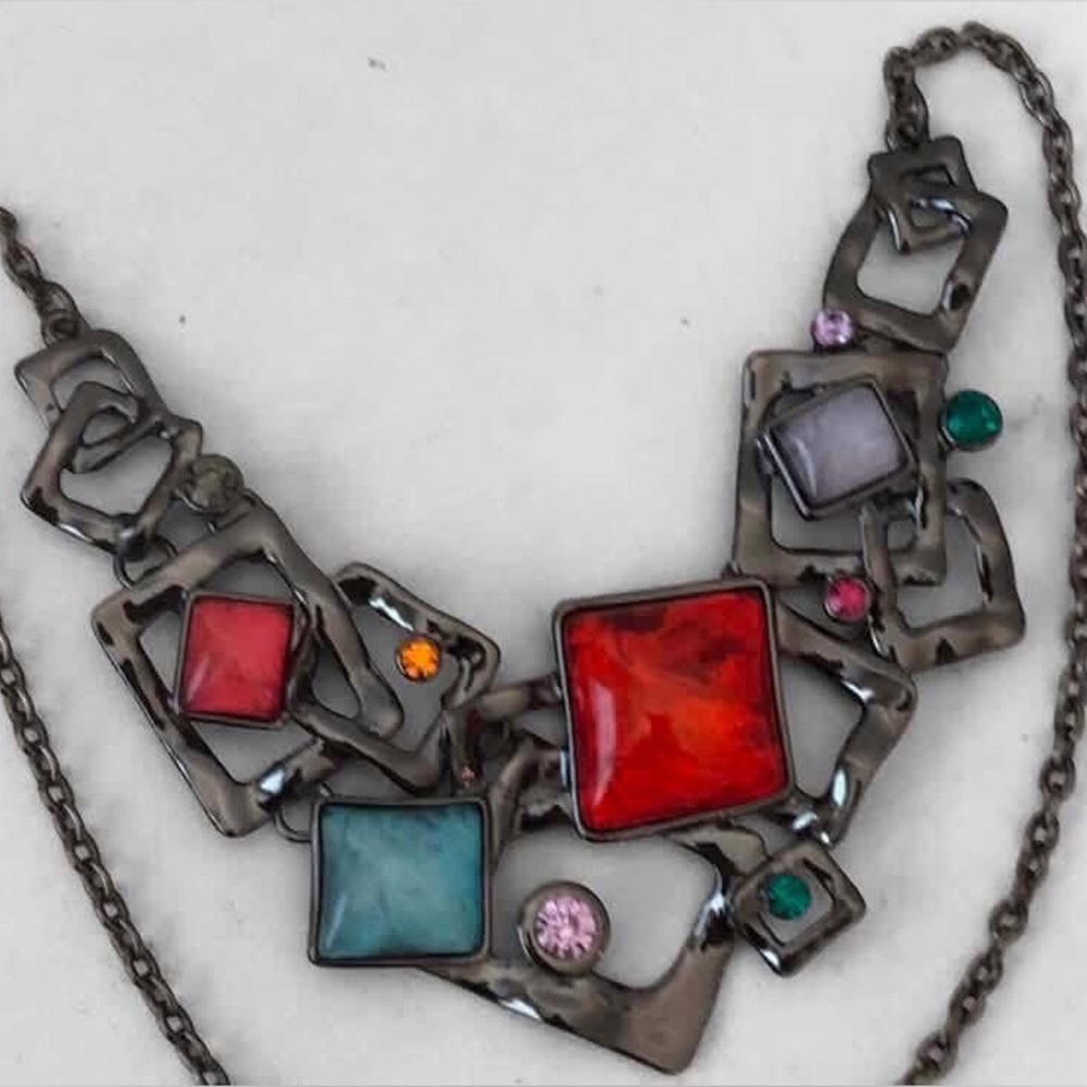 Rhinestone Gunmetal Geometric Bib Necklace